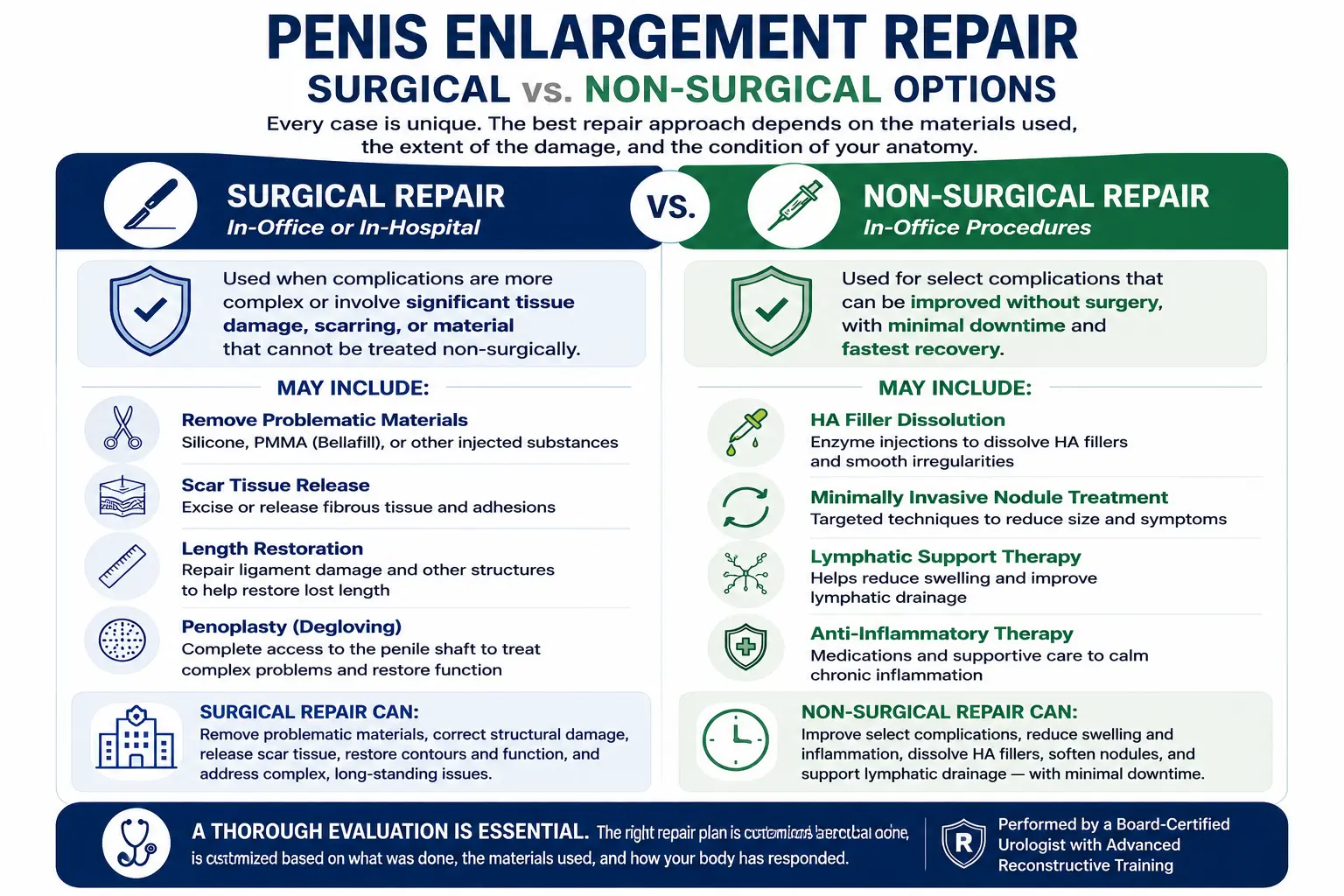 Infographic comparing surgical and non-surgical penis enlargement repair options, including foreign material removal, scar tissue repair, HA filler dissolution, nodule treatment, and lymphatic support.
