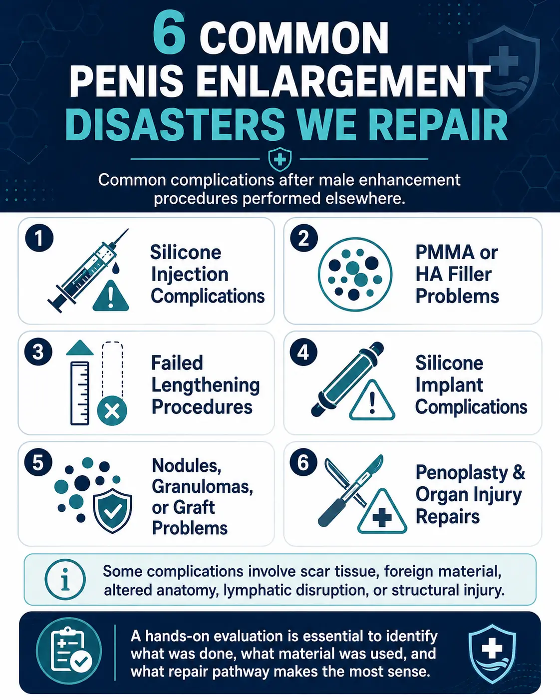 Infographic showing six common penis enlargement complications Rejuvall repairs, including silicone injections, PMMA or HA filler problems, failed lengthening, silicone implants, nodules, granulomas, graft problems, and penoplasty.