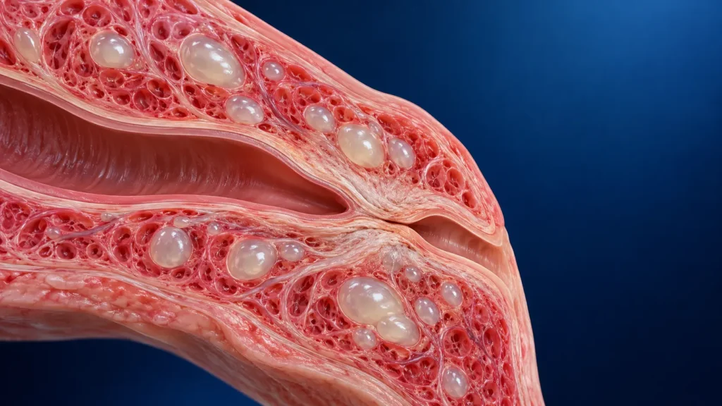 Medical cross-section illustration showing silicone migration in the glans causing urethral narrowing and urethral stricture