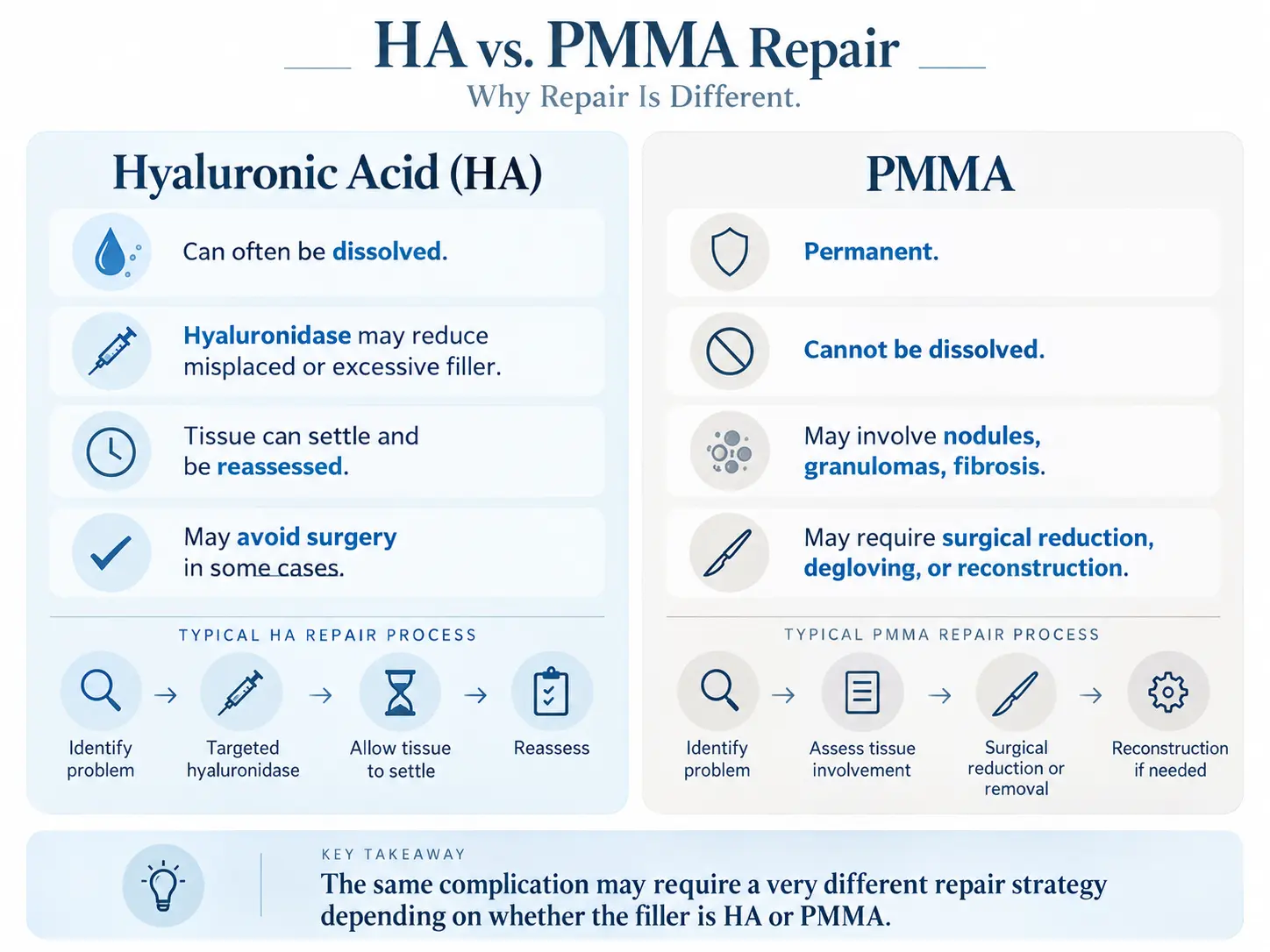 Infographic comparing hyaluronic acid and PMMA penile filler repair options