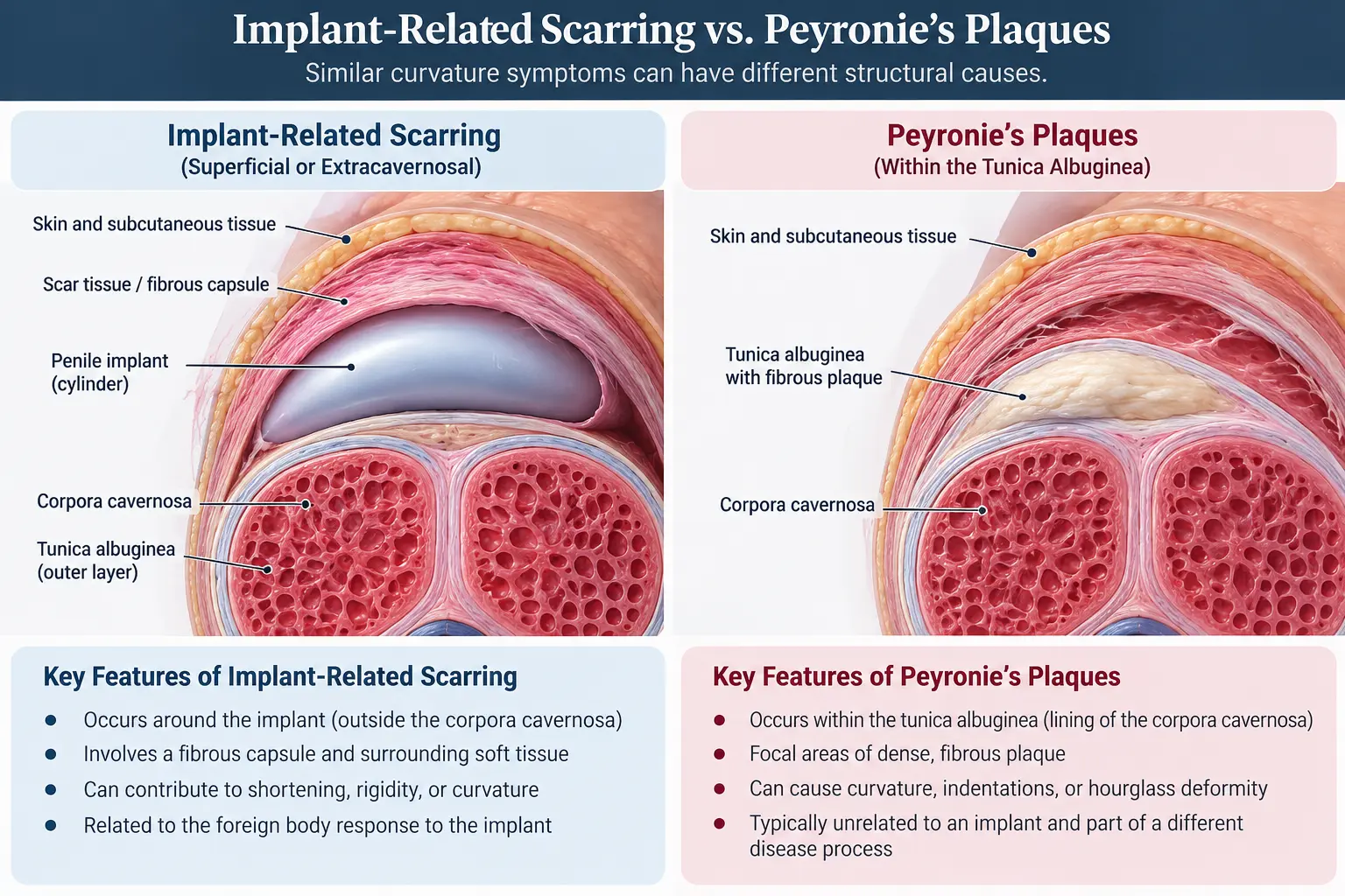 Anatomical comparison of superficial implant-related fibrosis and deeper Peyronie's plaques involving the tunica albuginea