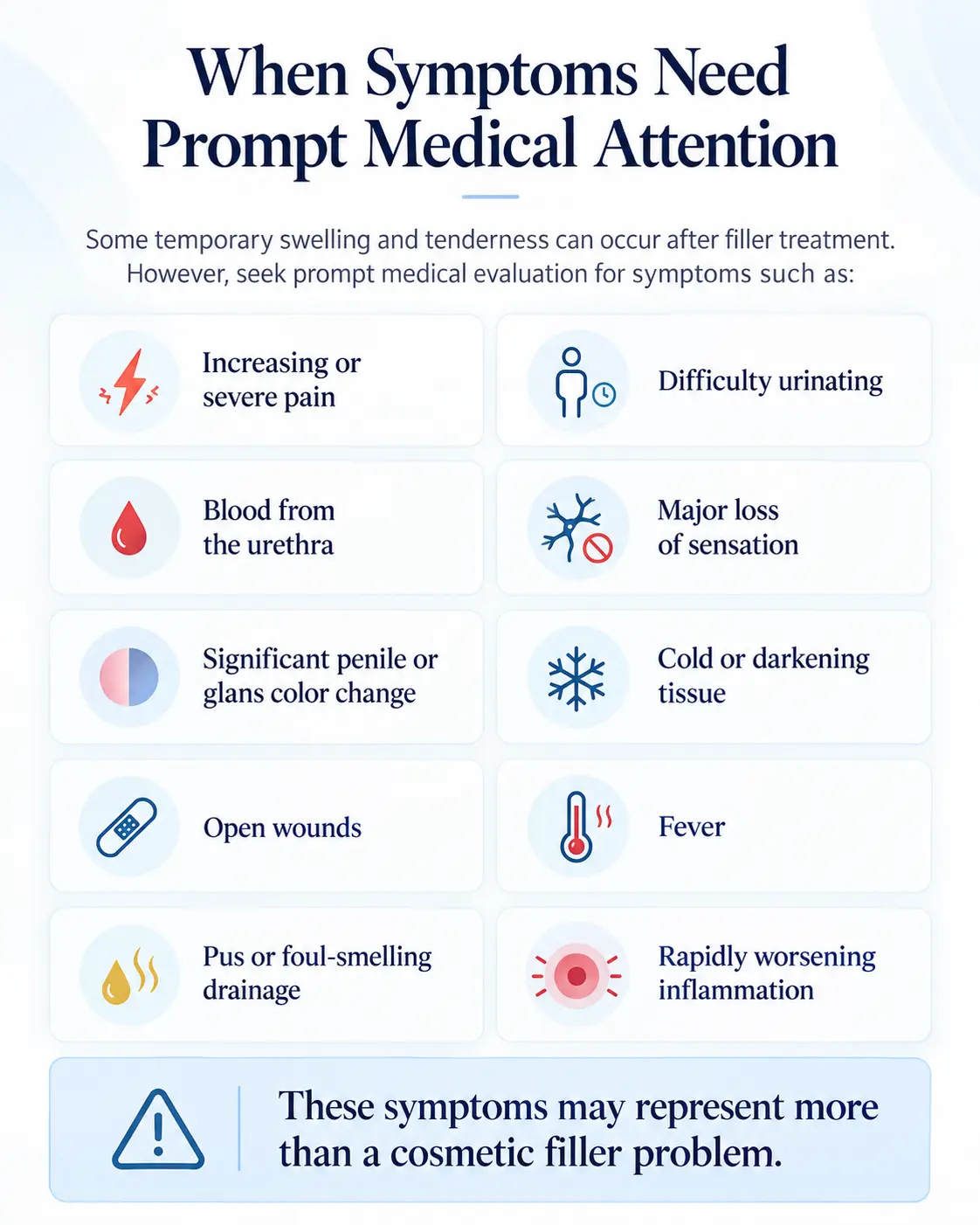 Infographic showing emergency warning signs after penile filler including severe pain, urinary problems, bleeding, loss of sensation, color changes, fever, wounds, drainage, and worsening inflammation