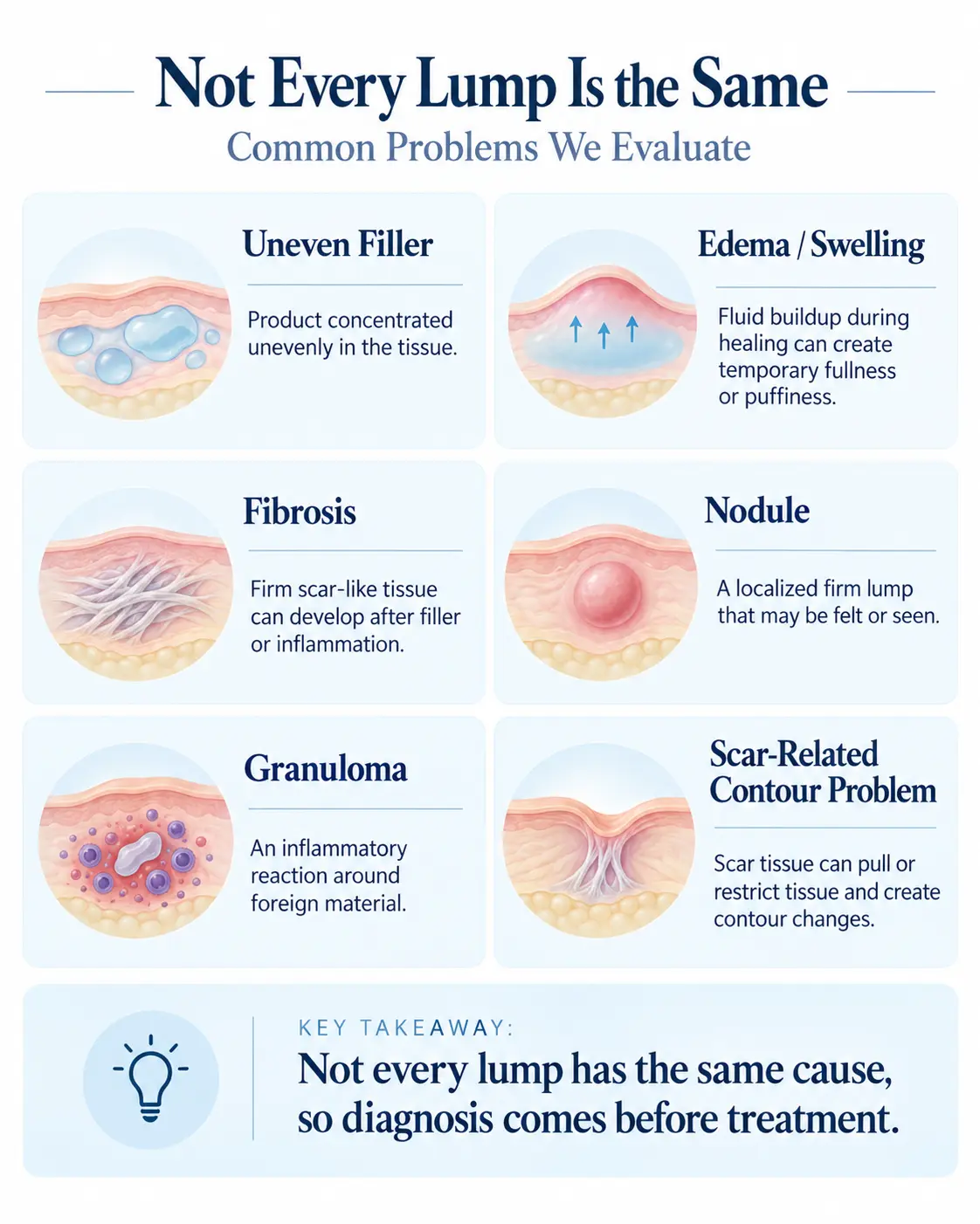 Infographic showing possible causes of lumps after penile filler including uneven filler, edema, fibrosis, nodules, and granulomas