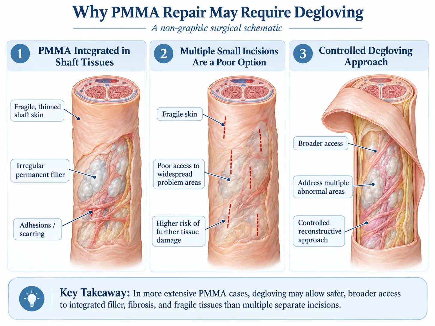 Medical illustration showing why extensive PMMA penile filler repair may require degloving for broader surgical access